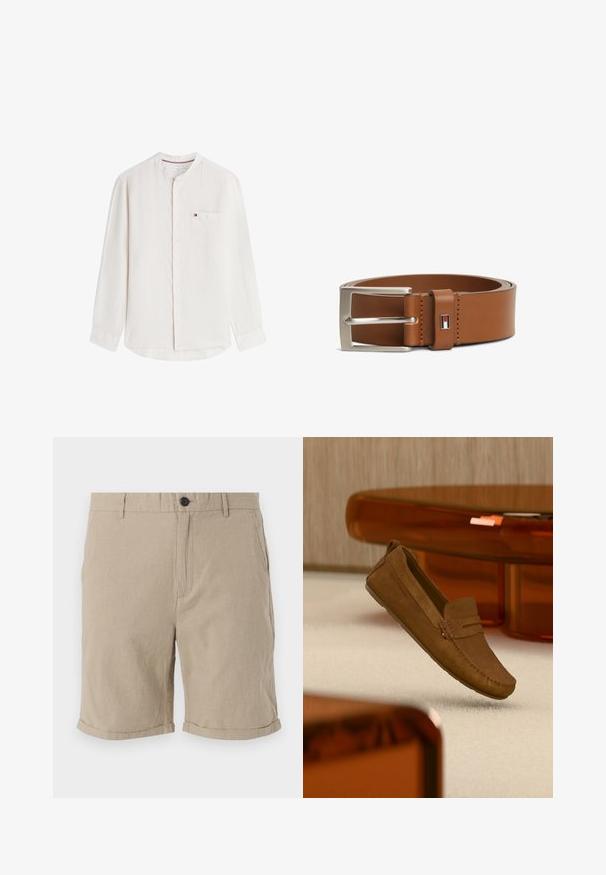 Tommy Hilfiger ELEVATED ESSENTIALS - Πουκάμισο - white; Μπεζ λινές βερμούδες με κλείσιμο από κουμπί, επίπεδο μπροστινό μέρος, πλάγιες τσέπες και κυλιόμενα τελειώματα, με υφή που προσφέρει αναπνοή.; Καφέ μοκασίνι από σουέτ με ραμμένες λεπτομέρειες που αιωρείται πάνω από μπεζ χαλί, με πορτοκαλί διάφανο έπιπλο στο παρασκήνιο.; Καφέ δερμάτινη ζώνη με ασημί ορθογώνια αγκράφα και μικρή ορθογώνια ετικέτα λογότυπου με κόκκινο, λευκό και μαύρο σχέδιο κοντά στην αγκράφα.
