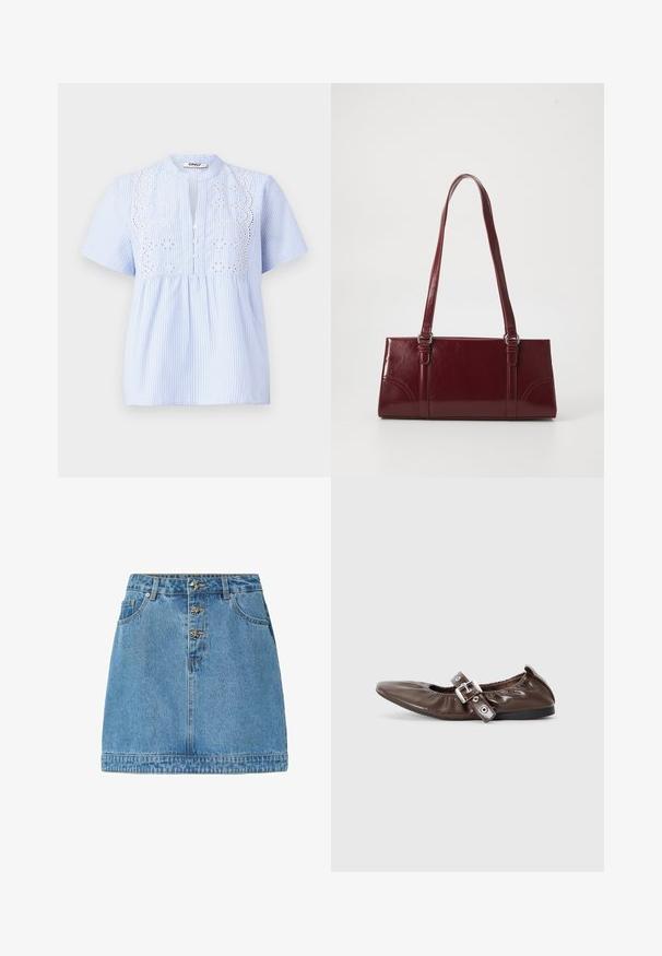 Lyseblå kortærmet bluse med hvide lodrette striber, prydet med et broderet blomstermønster på skulderpartiet og knaplukning.; Lysblå denimnederdel med en lige pasform, frontknaplukning med metalliske detaljer, to sidelommer og en syet kant.; Brun lakeret flad sko med spids tå, elastisk sløjfedetalje og en sølvspændeaccent på siden. Sort gummisål.; Bordeaux håndtaske lavet af glansfuldt materiale, rektangulær form, med to skulderremme og subtile buede detaljer på forsiden.