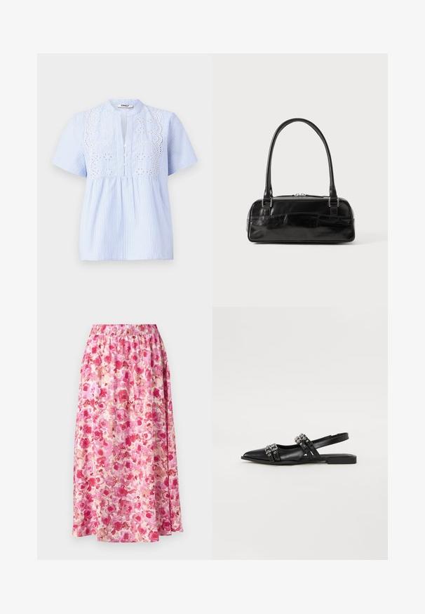 Hellblaues kurzärmeliges Blusenshirt mit weißen vertikalen Streifen, ausgestattet mit einem gestickten Blumenmuster an der Passe und Knopfverschluss.; Blumen Maxi-Rock mit gerafftem Taillenbund. Verfügt über ein leuchtend pink- und cremfarbenes Blumenmuster auf leichtem Stoff.; Even&Odd Sling-Ballerina - black; Schwarze Lederhandtasche in rechteckiger Form, mit einem stabilen Griff, silbernem Zubehör und Reißverschluss. Glatte Textur.