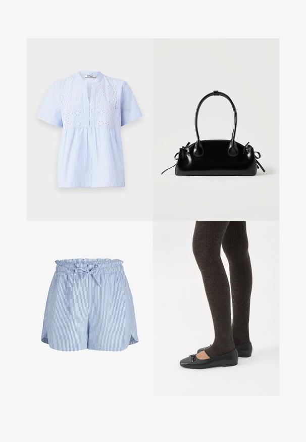 Lyseblå kortærmet bluse med hvide lodrette striber, prydet med et broderet blomstermønster på skulderpartiet og knaplukning.; Lyseblå og hvide vertikale stribede dame shorts med elastisk talje og bundet snøre foran.; Ben iført mørke ribbede leggings kombineret med sorte balletsko med små sløjfedetaljer på hvid baggrund.; Lille sort blank håndtaske med to lange håndtag og snøre-detaljer i siden på en ensfarvet lys baggrund.