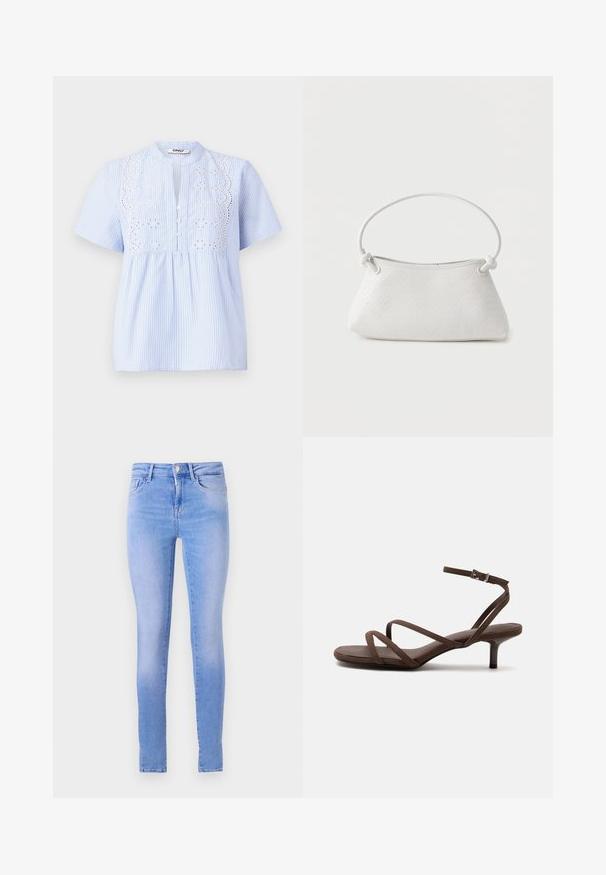 Hellblaues kurzärmeliges Blusenshirt mit weißen vertikalen Streifen, ausgestattet mit einem gestickten Blumenmuster an der Passe und Knopfverschluss.; Helle blaue Skinny-Jeans mit einem ausgeblichenen Waschung, ausgestattet mit einem Fünf-Taschen-Design, vorderem Knopfverschluss und einem sauberen Saum.; Braune Sandale mit hohem Absatz, dünnen gekreuzten Riemen und einem Knöchelriemen mit silberner Schnalle vor weißem Hintergrund.; Weiße gewebte Lederhandtasche mit abgerundetem Griff und verknoteten Riemenenden, vor schlichtem Hintergrund präsentiert.