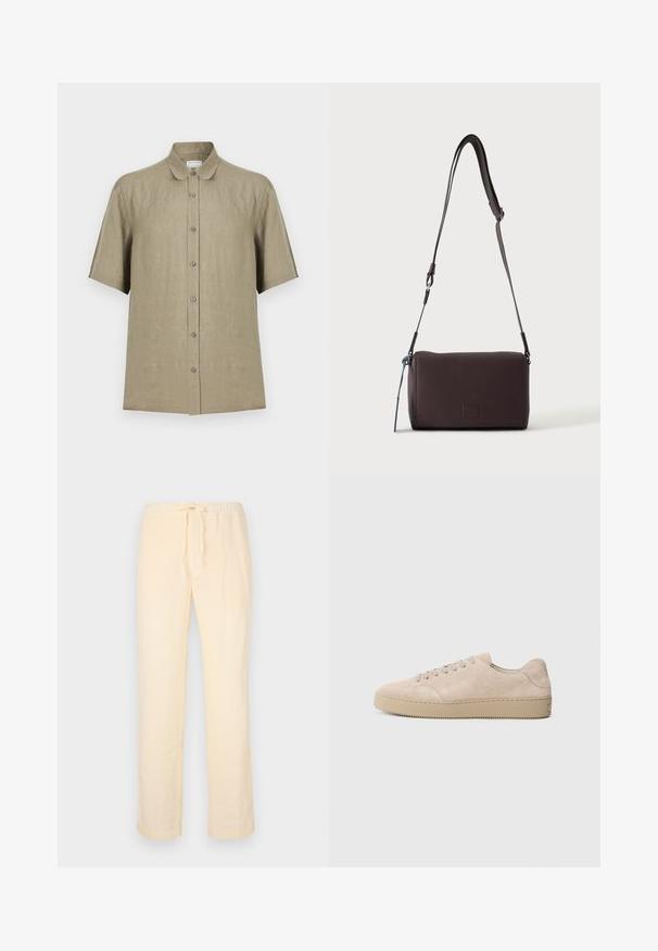 Chemise beige en lin à manches courtes avec col classique et devant boutonné, présentée sur un fond blanc uni.; Pantalons jaunes clairs, amples, en tissu doux, avec une taille élastique avec cordon de serrage et jambes droites.; Baskets en daim beige avec un bout rond, des lacets plats et une semelle en caoutchouc texturé. Design minimaliste avec des bords lisses et des coutures discrètes.; Sac bandoulière en cuir marron foncé texturé avec une sangle réglable et un petit accent décoratif bleu sur le côté.