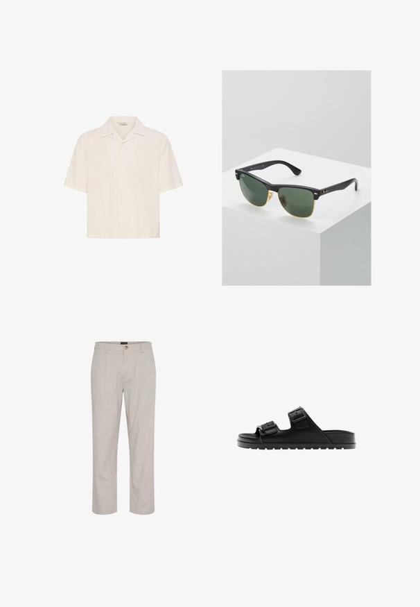 Chemise à manches courtes, de couleur blanc cassé, boutonnée, avec un col de style camp et un tissu texturé, présentée sur un fond uni.; Pantalons rayés gris clair, coupe droite, avec une fermeture à bouton unique à la taille et deux poches avant. Texture lisse.; Sandale noire à bout ouvert avec deux brides réglables avec boucle et une semelle texturée pour l’adhérence, présentée en profil.; Lunettes de soleil Ray-Ban avec des verres verts, monture en plastique noir et accents dorés sur les bords. Forme carrée avec une finition mate.