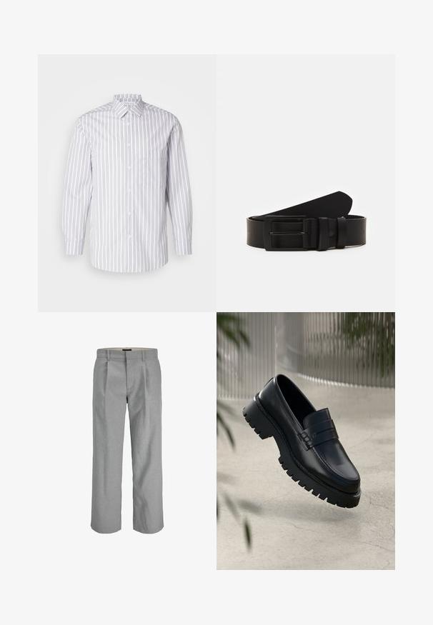 Chemise à boutons rayée avec des rayures verticales grises et blanches, manches longues, un col et une poche poitrine. Texture de tissu lisse.; Pantalons gris clair en tissu texturé, dotés de plis à l'avant, de jambes droites et d'une taille standard pour la fermeture.; Mocassins en cuir noir avec une semelle à crampons épaisse, dotés d'une sangle décorative et de détails de couture. Texture lisse avec une finition polie.; Ceinture en cuir noir roulée avec une boucle en métal rectangulaire noir mat et deux passants sur fond blanc.