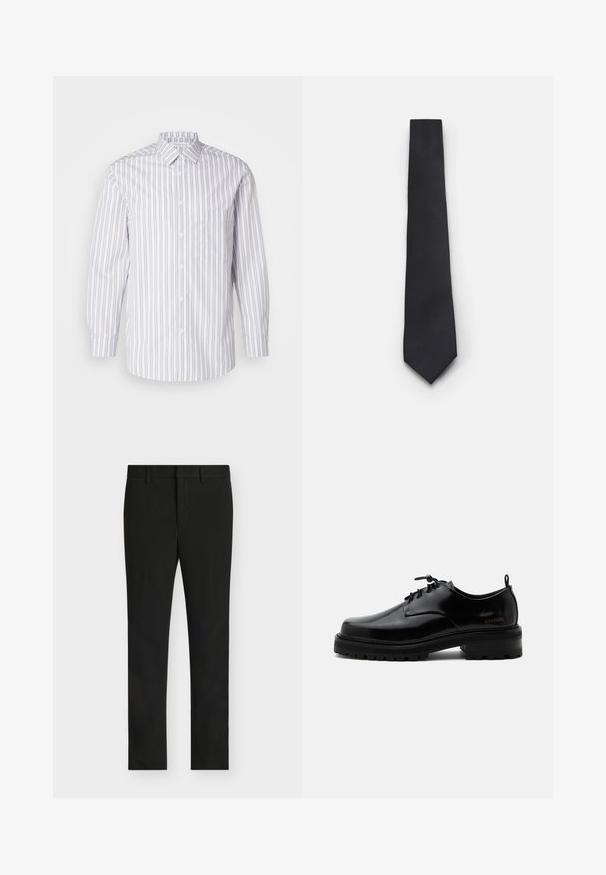 Gestreept overhemd met verticale grijs en witte strepen, lange mouwen, een kraag en een borstzak. Gladde stofstructuur.; Zwarte slim-fit pantalon met riemlussen, frontrits en platte voorkant, getoond op een lichtgrijze achtergrond.; Zwarte gepolijste leren veterschoen met dikke rubberen zool en lage hak, zijmerktekst "SAMSOE" en een achterste aantreklus.; Smalle zwarte stropdas met een gestructureerd, diagonaal ribbelpatroon. Beschikt over een spitse punt en een gladde afwerking. Geschikt voor formele kleding.