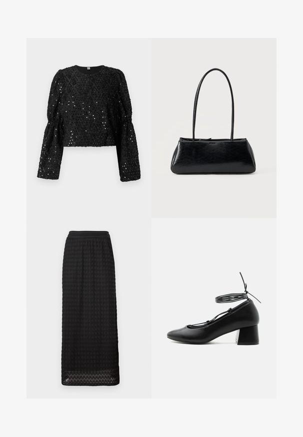 Sort cropped top lavet af tekstureret stof pyntet med perler. Har lange, blussede ærmer og en rund halsudskæring.; Sort midi-nederdel med et struktureret, honningkage mønster og et bredt elastisk taljebånd. Nederkanten har bølget detaljer for en ekstra design-effekt.; Sort læder sko med mellemhøj hæl, spids tå, krydsede stropper og snøre omkring anklen på hvid baggrund.; Sort rektangulær skuldertaske med lange tynde stropper og en glat, blank tekstur på en ensfarvet baggrund.