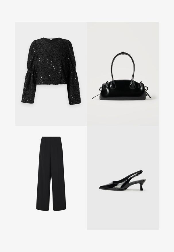 Top corto negro hecho de una tela texturizada adornada con lentejuelas. Cuenta con mangas largas y abullonadas y un escote redondeado.; Pantalones negros de pierna ancha y recortados con una cintura alta y bolsillos laterales, que presentan detalles de costura vertical sutil.; Zapatos de charol negro tipo slingback con punta afilada y tacón bajo. Correa ajustable con hebilla en el tobillo.; Pequeño bolso negro brillante con dos asas largas y detalles de cordón lateral sobre un fondo claro liso.