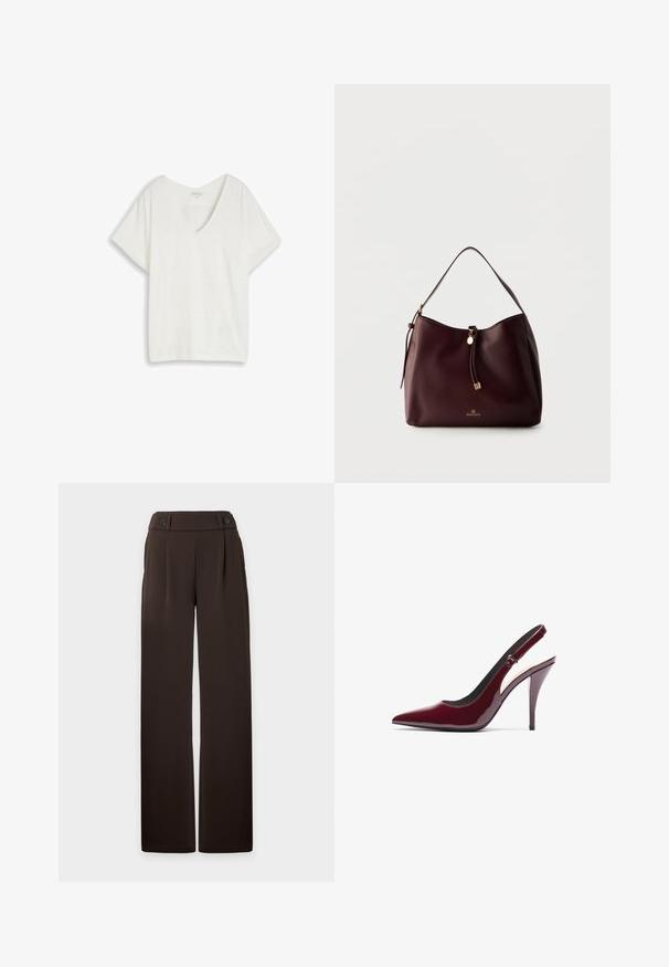 Top blanco de manga corta con cuello en V, con un sutil patrón de ojales y un ajuste relajado, presentado plano sobre un fondo claro.; Pantalón ancho de pierna en color marrón oscuro con cintura alta, pliegues delanteros, trabillas para cinturón y dos botones decorativos en la cintura, mostrado sobre un fondo liso.; Zapatos de tacón slingback de charol burdeos con punta afilada, alto tacón de aguja y una textura suave y elegante. Detalle de correa ajustable.; Bolso de cuero marrón oscuro para llevar al hombro con borla trenzada, detalles dorados y logo de Anna Field en la parte delantera sobre un fondo claro y liso.