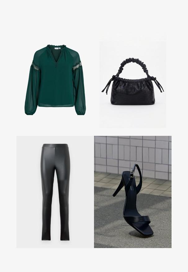 Blouse vert foncé en tissu léger, dotée d'un col volanté, d'accents en dentelle sur les manches et d'une coupe ample avec des poignets froncés.; Leggings noirs en matériau lisse et brillant, dotés d'une taille haute et d'une coupe ajustée. Aucune couture ni embellissement visibles.; Sandale noire à talon haut avec bride à la cheville et bout carré, posée sur le pavé devant un mur carrelé.; Sac à main noir avec texture crocodile, bord supérieur froncé, poignée plissée et pompons à cordon de chaque côté sur fond blanc.
