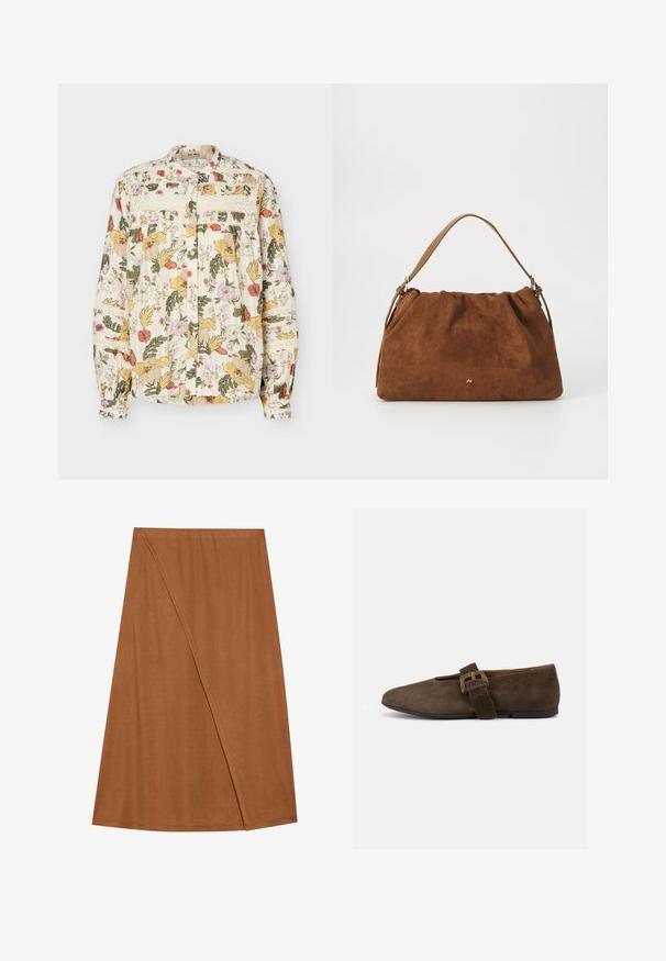 Blouse à manches longues boutonnée avec imprimé floral multicolore, détails en dentelle sur la poitrine et les manches, et poignets froncés sur fond clair.; Jupe enroulée marron, mi-longue, en tissu doux. Caractérisée par un design asymétrique avec un détail de couture sur le côté et une texture lisse.; Chaussure plate en daim marron avec une large bride et une boucle dorée, bout arrondi et semelle noire basse, vue de profil sur fond blanc.; Sac à main en daim marron avec un design plissé, arborant une seule sangle en cuir beige et un discret logo doré à l'avant.