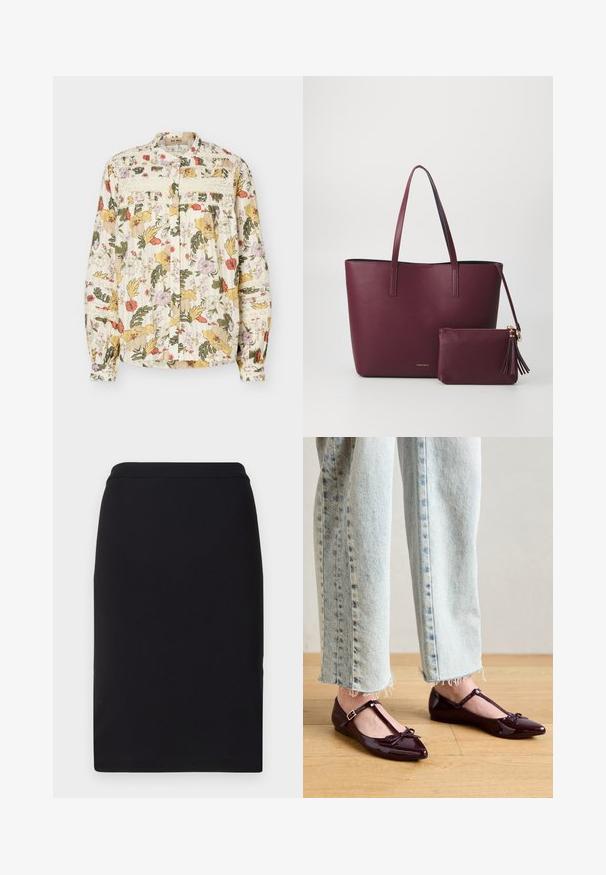 Blouse à manches longues boutonnée avec imprimé floral multicolore, détails en dentelle sur la poitrine et les manches, et poignets froncés sur fond clair.; Jupe crayon noire en tissu extensible, avec une texture lisse et un design slim et droit, dotée d'une taille ajustée.; Ballerines bordeaux brillantes avec une bride en T, ornées d'un nœud à l'avant. Portées avec un jean court en denim bleu clair.; Sac fourre-tout en cuir vegan bordeaux avec deux poignées robustes, comprenant une pochette zippée assortie avec un accent de breloque. Fini lisse et texturé.