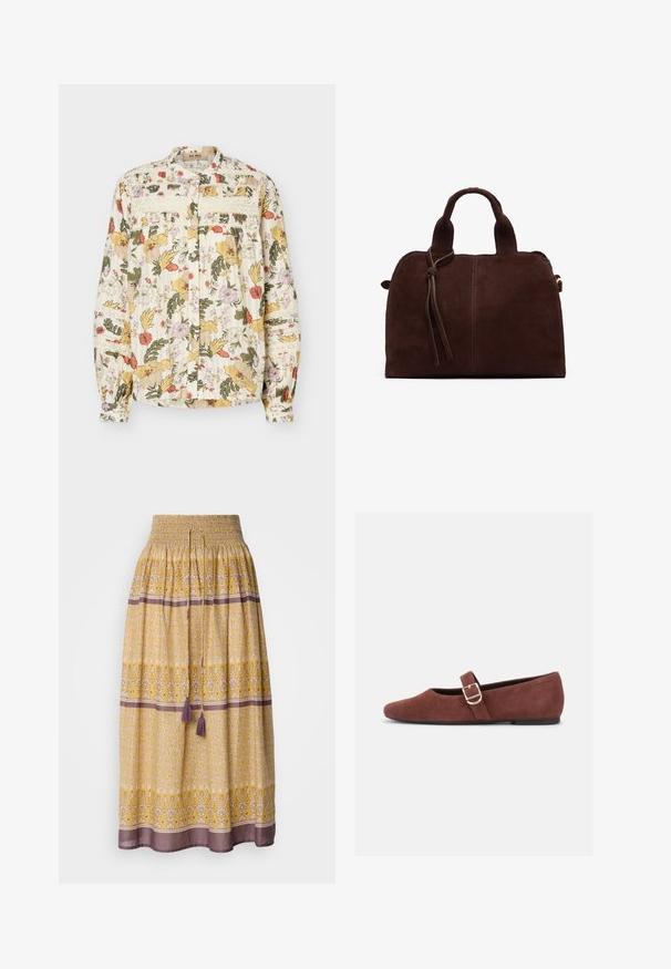 Blouse à manches longues boutonnée avec imprimé floral multicolore, détails en dentelle sur la poitrine et les manches, et poignets froncés sur fond clair.; Jupe maxi jaune avec taille smockée, motifs floraux et géométriques en blanc et violet, avec deux pompons violets à la taille.; Chaussure plate Mary Jane en suède marron avec une bride à boucle dorée et une semelle noire sur fond blanc.; Sac à main en daim marron avec deux poignées supérieures, un détail de nœud à l'avant et une couture contrastante. Texture douce et forme structurée.