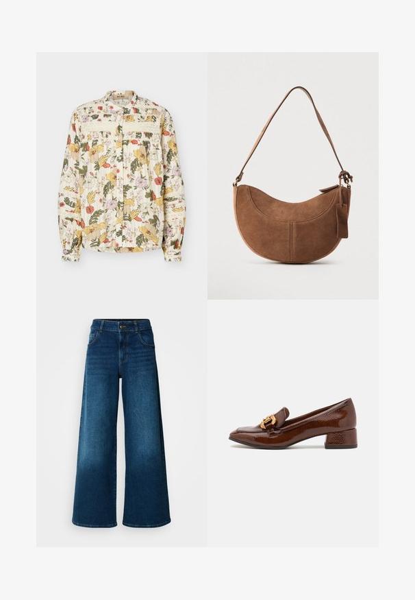 Blouse à manches longues boutonnée avec imprimé floral multicolore, détails en dentelle sur la poitrine et les manches, et poignets froncés sur fond clair.; Jean large en denim bleu foncé. Doté d'une taille haute, d'une fermeture à bouton et d'un design classique à cinq poches avec une légère décoloration.; Mocassins en cuir marron avec une finition brillante, dotés d'une boucle décorative en or à l'avant et d'un talon bas. Design classique.; Sac à main en daim marron de forme courbée en demi-lune. Il est doté d'une bandoulière, d'une petite étiquette et de coutures visibles le long des bords.