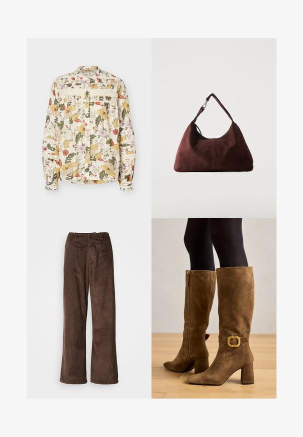 Blusa de manga larga con botones, estampado floral multicolor, detalles de encaje en el pecho y las mangas, y puños fruncidos sobre un fondo claro.; Pantalones de pana marrones con un diseño de pierna ancha, que presentan costuras verticales y una cinturilla. La tela tiene una apariencia suave y texturizada.; Botas de ante marrón hasta la rodilla con una hebilla dorada cuadrada, tacón grueso y punta afilada, que cuentan con un cierre lateral para facilitar su uso.; Bolso de hombro de ante marrón suave con una sola correa y herrajes de metal plateado sobre un fondo claro y liso.