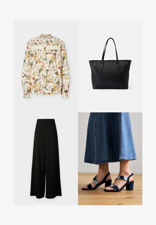 Langærmet knapbluse med flerfarvet blomsterprint, blonderdetaljer på bryst og ærmer samt indsamlede manchetter på en lys baggrund.; Vero Moda Tall VMLIVA SUPER WIDE PANTS - Bukser - black; Marco Tozzi Sandaler - navy; Sort læder tote bag med to robuste håndtag, der har en glat tekstur, rektangulær form og diskrete syningsdetaljer langs kanterne.