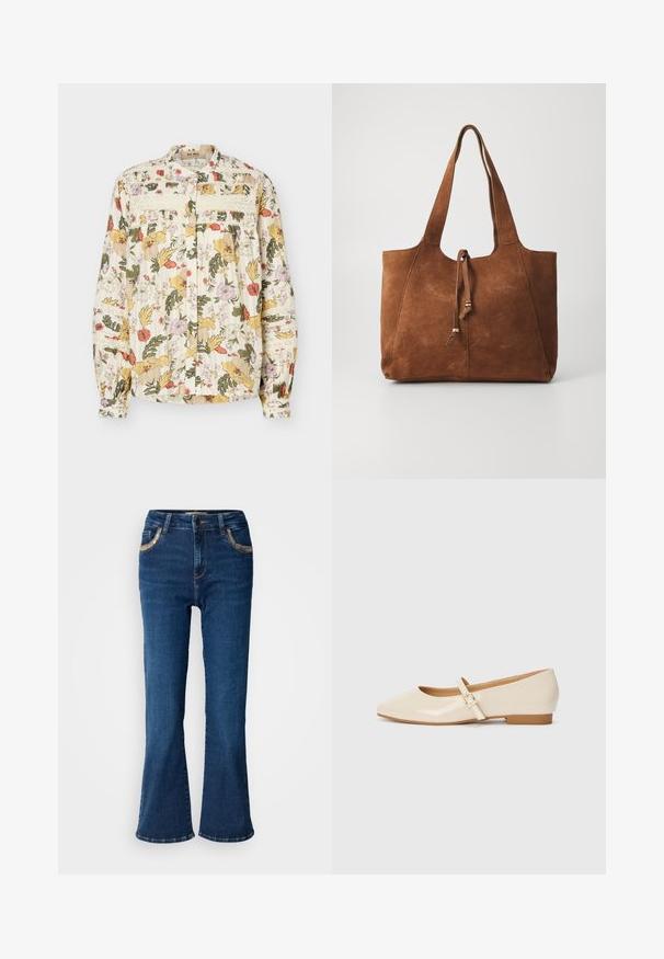 Langärmelige Hemdbluse mit mehrfarbigem Blumenmuster, Spitzen-Details auf Brust und Ärmeln sowie gesammelte Bündchen auf hellem Hintergrund.; Dunkelblaue ausgestellte Jeans mit einer glatten Denim-Oberfläche, kontrastierender goldener Naht und Akzenten an den Fronttaschen. Klassisches Fünf-Taschen-Design.; Beige lackleder Ballerinas mit eckiger Zehenpartie, kleinem Absatz und einem verstellbaren Knöchelriemen mit einer goldenen Schnallenakzentuierung.; Braune Wildleder-Handtasche mit zwei langen Griffen, Kordelzugverschluss und glatter Textur. Sie zeichnet sich durch ein einfaches Design und minimale Akzente aus.