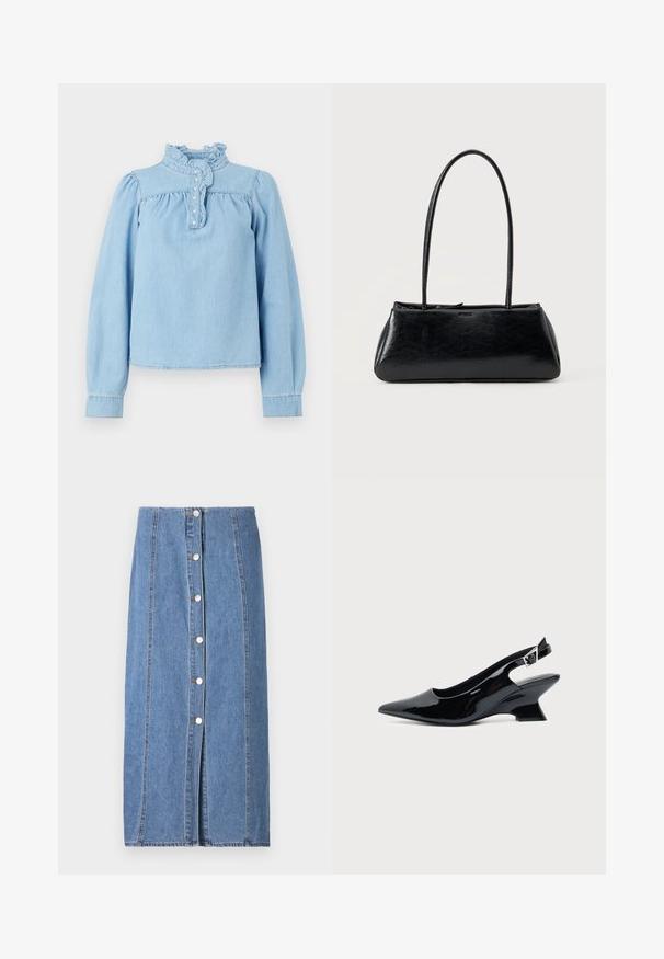 Lichtblauwe denim blouse met een ruches kraag, een knopenrij aan de voorkant en lange pofmouwen. Gladde textuur met geplooide details.; Denimrok in lichtblauw met een rechte silhouet. Beschikt over een frontale knoopsluiting, verticale stiksels en een ruwe zoom aan de onderkant.; Zwarte lakleren slingback schoen met spitse neus en lage schuine blokhak op een effen lichte achtergrond.; Zwarte rechthoekige schoudertas met lange dunne banden en een gladde, glanzende textuur op een effen achtergrond.