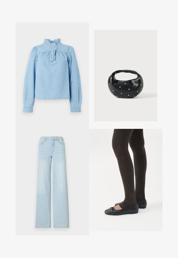 Blouse en denim bleu clair avec un col volanté, une patte de boutonnage sur le devant et de longues manches bouffantes. Texture lisse avec des détails froncés.; Jeans wide en denim bleu clair avec un design classique à cinq poches et une fermeture à bouton à l'avant. Présente une légère décoloration sur le devant.; Jambes portant des leggings côtelés foncés associés à des ballerines noires avec de petits détails en nœud sur fond blanc.; Sac à main en cuir noir de forme arrondie, décoré de clous argentés et équipé d'une poignée courte. Texture lisse et fermeture éclair.