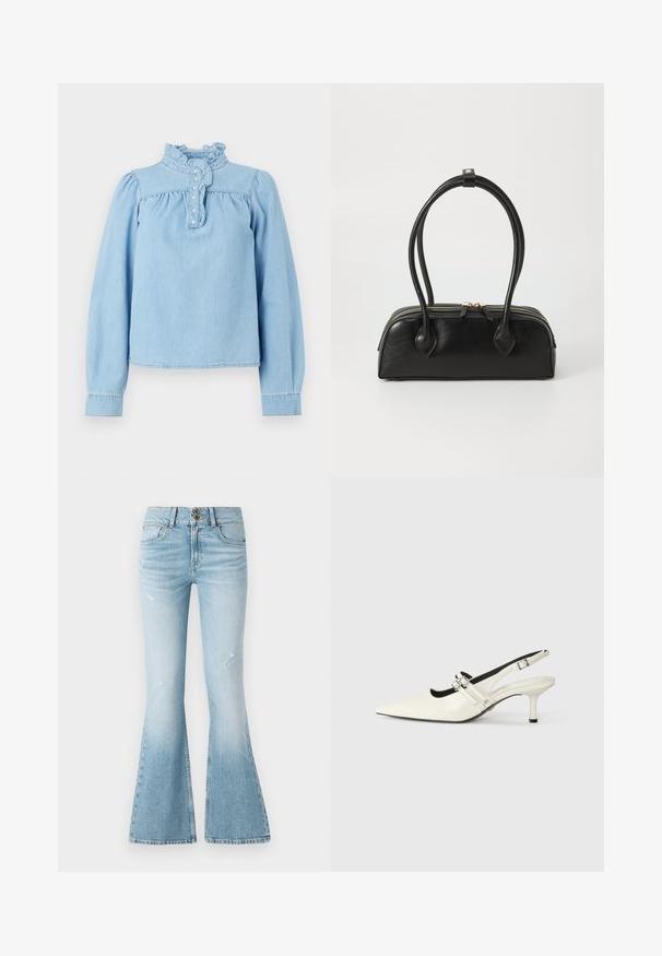 Blouse en denim bleu clair avec un col volanté, une patte de boutonnage sur le devant et de longues manches bouffantes. Texture lisse avec des détails froncés.; Jean en denim bleu clair évasé à taille haute, avec des déchirures subtiles, une fermeture à deux boutons et un design classique à cinq poches.; Escarpin à bout pointu en cuir blanc brillant avec deux brides réglables à boucle et un talon aiguille de 6 cm.; Sac à main en cuir noir avec deux anses allongées, fermeture éclair et forme arrondie ; texture lisse avec une finition légèrement brillante.