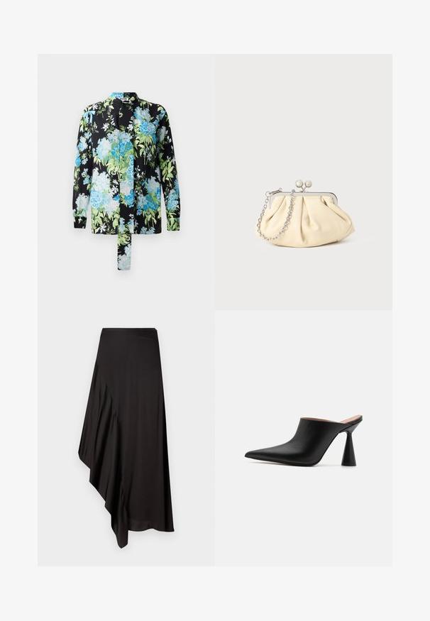 Blomstret bluse med sort baggrund og blå og grønne blomster mønstre, lange ærmer og stående krave. Indeholder en bånddetalje.; AERON ASTER SKIRT - Pencil skirt - black; Sorte lædermules med spids tå og en unik kegleformet hæl. Glat tekstur og minimalistisk design, åben bagside for nem påtagning.; Plisseret beige læderclutch med en sølvmetalramme, der har to runde dekorative låse og en sølvkædetrasporte.