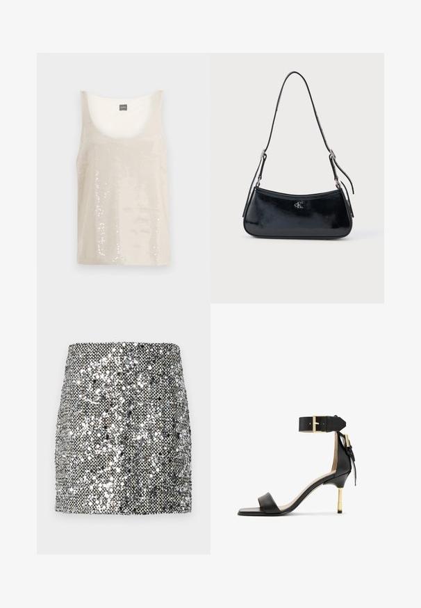 Top sin mangas color beige con escote redondeado, cubierto de lentejuelas reflectantes. Forro interior suave para mayor comodidad, diseñado para un uso casual.; Mini falda de lentejuelas con un esquema de color metálico plateado y negro, superficie texturizada con lentejuelas reflectantes y un diseño ajustado.; Sándal de tacón de cuero negro con punta cuadrada, correa en el tobillo con hebilla dorada y un tacón metálico esbelto. Textura suave, diseño minimalista.; Bolso de mano de piel negra con una forma elegante y curvada y un acabado brillante. Presenta herrajes plateados y un pequeño detalle de logotipo en la parte frontal.