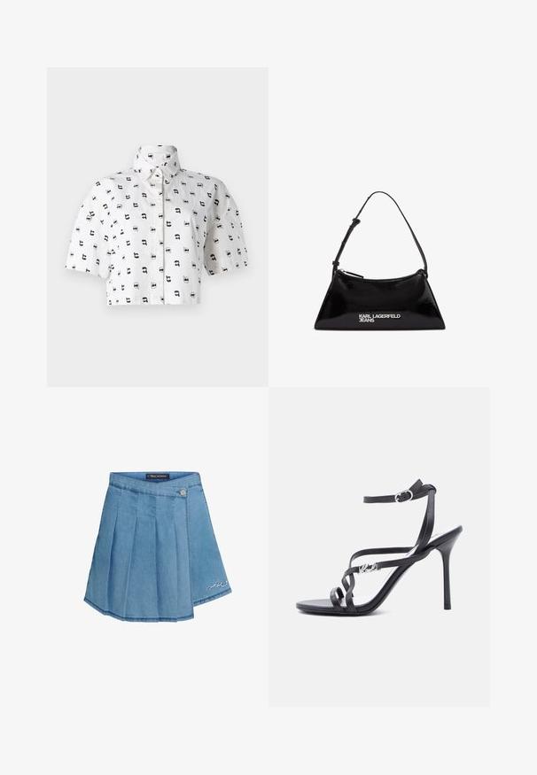 Camisa corta de manga corta en algodón blanco con un patrón gráfico repetido en negro de caras usando gafas de sol. Cuello camisero.; Falda de mezclilla en azul claro con diseño plisado, cierre de botón metálico y detalle bordado en el dobladillo. Textura suave y forma de línea A.; Sandalia negra de tacón alto con tiras finas, hebilla en el tobillo y detalle de logo metálico en la tira lateral, sobre un fondo blanco.; Bolso de mano de charol negro con forma triangular, con cremallera superior y correa ajustable. Logo "KARL LAGERFELD JEANS" en plateado.