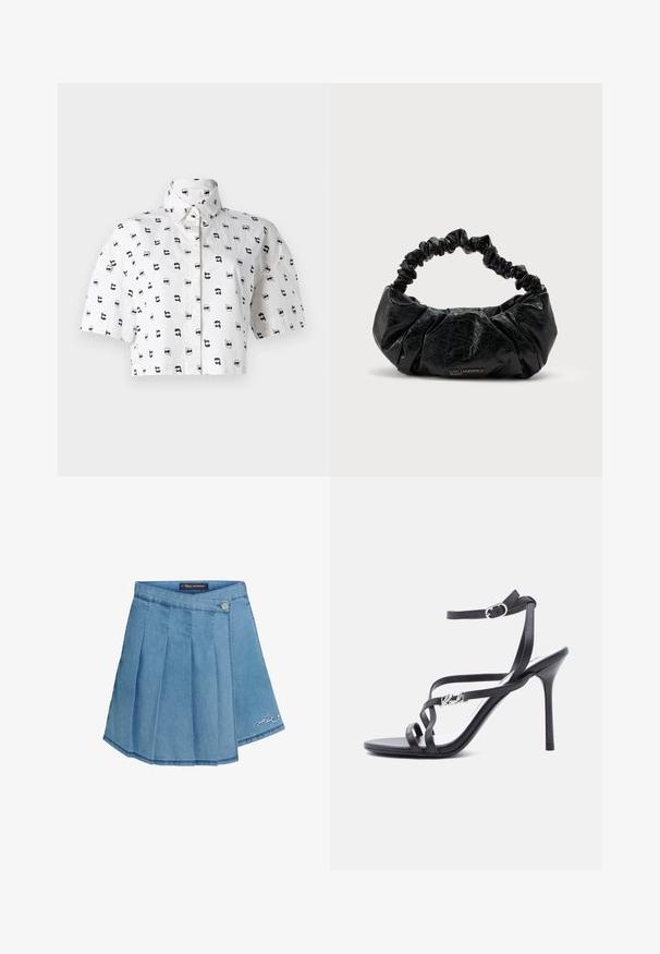 Camisa corta de manga corta en algodón blanco con un patrón gráfico repetido en negro de caras usando gafas de sol. Cuello camisero.; Falda de mezclilla en azul claro con diseño plisado, cierre de botón metálico y detalle bordado en el dobladillo. Textura suave y forma de línea A.; Sandalia negra de tacón alto con tiras finas, hebilla en el tobillo y detalle de logo metálico en la tira lateral, sobre un fondo blanco.; Bolso de mano de cuero negro texturizado con asa elástica fruncida y sutil logo "Karl Lagerfeld Jeans" en el centro inferior delantero.