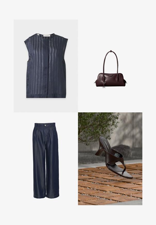 Marineblaue ärmellose Bluse mit vertikalem transparentem Streifenmuster und rundem Ausschnitt, verdeckte Knopfleiste vorne.; Marineblaue Jeans mit weitem Bein und hohem Bund, die über Frontfalten und goldene Nähte verfügt, eine glatte Textur hat und mit einem Knopfverschluss ausgestattet ist.; Braune Calvin Klein Sandalette mit Absatz und Zehensteg, schwebend über einem Boden aus Holzfliesen und Kies im Freien, mit verschwommenem Grün und Stein im Hintergrund.; Dunkelbraune Lederhandtasche von Calvin Klein mit langen doppelten Griffen und einem kleinen Logoanhänger, der an einem Griff hängt.