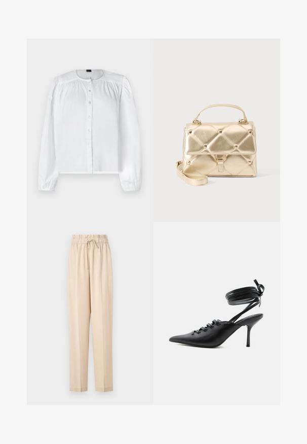 Blusa blanca de manga larga hecha de tejido suave, con un cierre frontal de botones y detalles fruncidos en los hombros, con un escote redondeado.; Pantalones ligeros beige con cintura elástica, detalle de cordón y diseño de pierna recta. Textura suave, estilo minimalista.; Zapato de tacón alto negro con punta puntiaguda, con cordones en la parte delantera y correas que rodean el tobillo atadas con un lazo, mostrado de lado sobre un fondo blanco.; Bolso pequeño metálico dorado con asa superior, correa de hombro desmontable, patrón acolchado y detalles de tachuelas en tono dorado sobre un fondo liso.