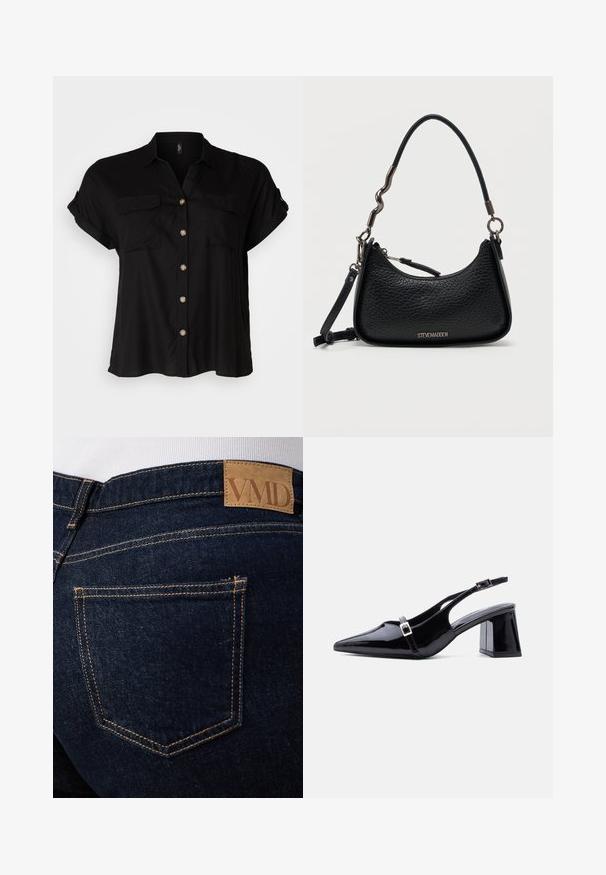 Sort kortærmet skjorte med knaplukning, to brystlommer, blødt stof, afrundet kant og guld-møtrikker. Klassisk løs pasform.; Mørkeblå denimjeans med synlige orange syninger og en brun læderlap med mærket "VMD" over den bageste højre lomme.; Sort laklæder slingback-hæl med spids tå, lav blokhæl og to små sølvspænder på stropperne.; Sort tekstureret lædertaske fra Steve Madden med buet toplynlås, kort uregelmæssigt metal- og læderhåndtag samt aftagelig rem.