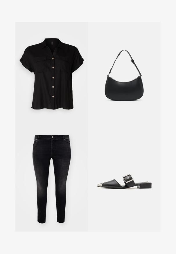 Sort kortærmet skjorte med knaplukning, to brystlommer, blødt stof, afrundet kant og guld-møtrikker. Klassisk løs pasform.; Sorte denim jeans med slim fit, fem-lommers design, knaplukning og let slid for tekstur. Minimalistisk stil, ingen synlige mønstre.; Sorte lædersandaler med spids tå, metallisk sølvhætte og justerbar spænde. Flad blokhælt for støtte.; Pieces PCALUANA SHOULDER BAG - Håndtasker - black