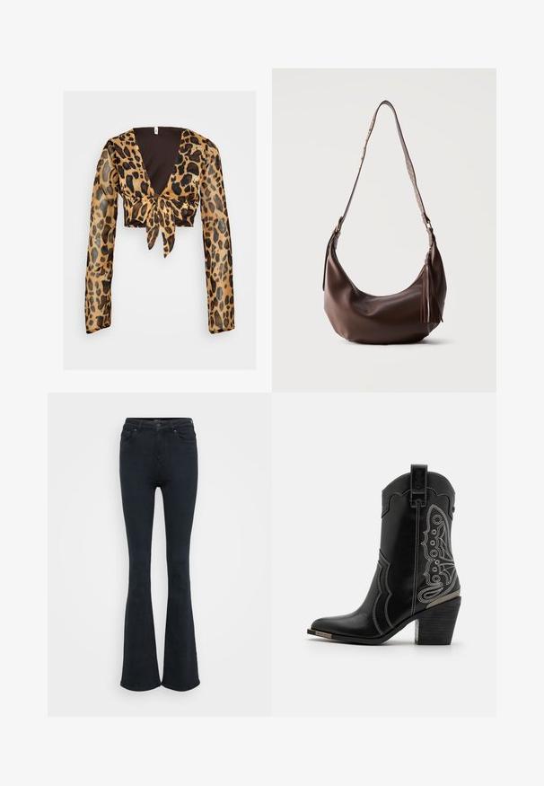 Leopardenmuster-Crop-Top mit langen, durchsichtigen Ärmeln. Verfügt über einen tiefen V-Ausschnitt und eine Frontbindedetail. In erster Linie in Braun- und Schwarztönen.; Schwarze, weit ausgestellte Jeans aus Denim mit hoher Taille, ausgestattet mit fünf Taschen und minimalen Nähten. Glatte Textur und taillierte Passform.; Schwarze Leder-Cowboy-Stiefel mit weißen Nähten und einem kunstvollen Design an den Seiten. Der Absatz ist dick und strukturiert, mit einer metallischen Akzentuierung.; Braune Leder-Umhängetasche mit goldfarbenen Nieten am Riemen und Lederquasten am Reißverschluss, vor einfarbigem Hintergrund gezeigt.