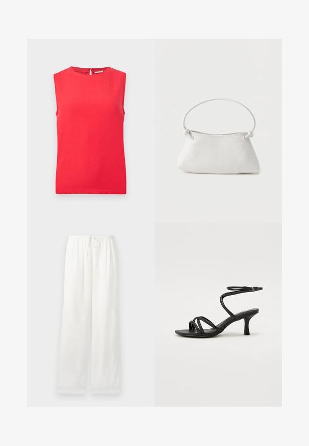 Haut rouge vif sans manches avec un col rond et une petite fermeture par bouton à l'arrière.; Pantalon blanc à coupe ample avec taille élastique et cordon de serrage, jambes larges et droites, présenté sur un fond clair uni.; Even&Odd Wide Fit by Zalando Sandales - black; Sac à main en cuir tressé blanc avec poignée arrondie et extrémités de lanière nouées, présenté sur un fond uni.