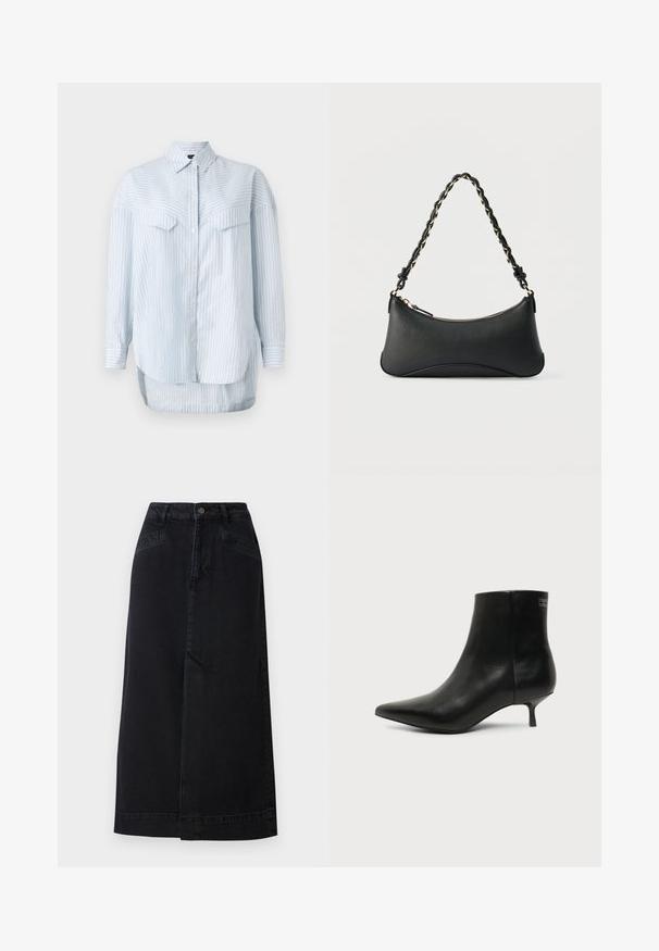 Lichtblauw gestreept overhemd met lange mouwen, met een klassieke kraag en twee borstzakken. De zoom is gebogen en langer aan de achterkant.; Zwarte denim midi-rok met een rechte snit, knopen aan de voorkant en zijzakken met subtiele stikseldetails.; Zwart leren enkellaars met puntige neus en lage kittenhak op lichte achtergrond, zijaanzicht buitenkant.; Zwarte lederen schoudertas met een gebogen rechthoekige vorm, gouden ketting verweven in een gevlochten zwarte band, en een ritssluiting bovenop.
