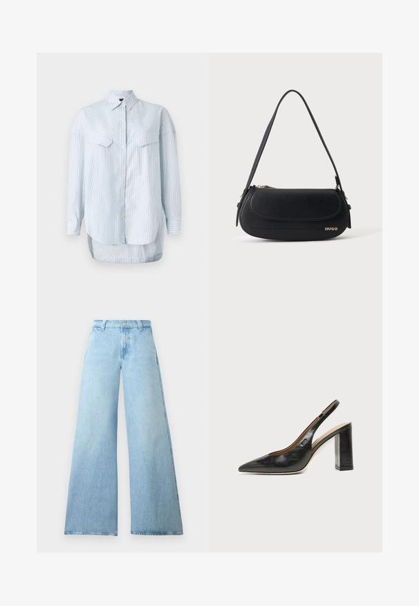 Lichtblauw gestreept overhemd met lange mouwen, met een klassieke kraag en twee borstzakken. De zoom is gebogen en langer aan de achterkant.; Lichtblauwe wijd-uitlopende jeans gemaakt van denim met een hoge taille, voorzien van een knoopsluiting en vijf zakken. Gladde textuur met een casual silhouet.; Zwarte leren slingback schoen met spits toelopend neusje, hoge blokhak en beige binnenvoering tegen een effen lichte achtergrond.; Zwarte leren schoudertas met gebogen klep, gouden "HUGO" logo aan de voorkant en een enkele verstelbare riem.