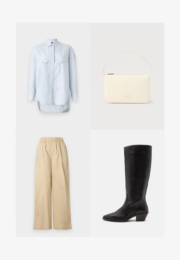 Chemise à rayures bleu clair avec des manches longues, dotée d'un col classique et de deux poches poitrine. L'ourlet est courbé et plus long à l'arrière.; Pantalon beige à jambes larges avec une ceinture élastique, un devant plat et une texture de tissu lisse. Dispose d'une coupe ample pour le confort.; Botte en cuir noire mi-mollet avec un bout pointu et un talon bas incliné sur un fond clair uni.; Sac à main rectangulaire de couleur crème avec une seule sangle et une fermeture éclair sur le dessus, comportant une petite plaque de logo embossé à l'avant.