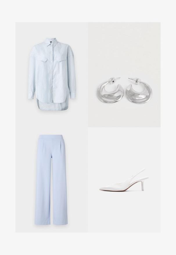 Chemise à rayures bleu clair avec des manches longues, dotée d'un col classique et de deux poches poitrine. L'ourlet est courbé et plus long à l'arrière.; Pantalons larges bleu clair en tissu doux avec une texture lisse, dotés d'une large ceinture et de plis subtils à l'avant.; Chaussure pour femme en cuir blanc avec bride arrière, bout pointu, petit talon kitten bas et petit nœud décoratif sur le dessus, vue de profil latéral.; Une paire de boucles d'oreilles en croissant argenté poli avec des supports en plastique transparent sur une surface blanche.