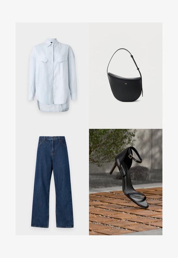 Chemise à rayures bleu clair avec des manches longues, dotée d'un col classique et de deux poches poitrine. L'ourlet est courbé et plus long à l'arrière.; Jean large en denim bleu foncé avec un design classique à cinq poches. Présente des coutures contrastées et une fermeture par bouton à l'avant.; Sandale noire à talon haut avec sangle à la cheville, suspendue au-dessus d'un sol en carreaux de bois à l'extérieur, avec un arrière-plan flou de verdure et de pierre.; Sac à bandoulière en cuir noir en forme de demi-lune avec une bandoulière réglable et le logo doré « BOSS » centré sur le devant.