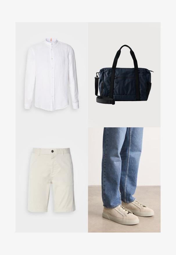 Weißes Leinenhemd mit Stehkragen, Frontknopfschluss, langen Ärmeln und einer dezenten Textur. Auffälliger orangefarbener Akzent am Kragen.; Helle beige Shorts aus Baumwolle, mit einem Knopfverschluss, Vordertaschen und abgestepptem Saum. Glatte Textur mit einem lässigen Design.; BOSS GARYTENN_SDHDEL - Sneaker low - natural ten; Marineblaue Stoff-Reisetasche mit schwarzen Griffen, vordere Reißverschlusstasche, verstellbarem Schultergurt und "BOSS"-Logo mittig über der Tasche.