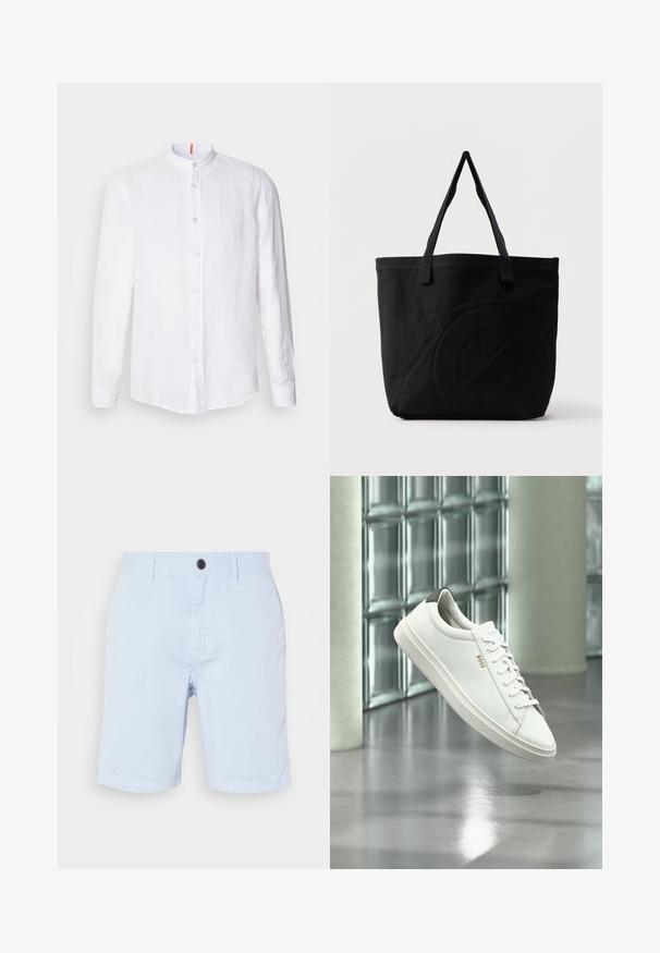 Weißes Leinenhemd mit Stehkragen, Frontknopfschluss, langen Ärmeln und einer dezenten Textur. Auffälliger orangefarbener Akzent am Kragen.; Hellblaue Baumwollshorts mit einem vorderen Knopfverschluss, Gürtelschlaufen und geradem Schnitt. Glatte Textur ohne sichtbare Muster.; Weißer Leder-Low-Top-Sneaker mit Schnürsenkeln, schwarzer Fersenschlaufe und „BOSS“-Logo, der drinnen nahe einer Glassteinwand und einem polierten Boden schwebt.; Schwarze Canvas-Shopper-Tasche mit zwei Schulterriemen und einem dezenten, eingeprägten kreisförmigen Design auf der Vorderseite.