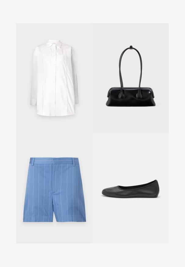 Chemise blanche à manches longues en coton, avec un col classique, une fermeture à boutons sur le devant et des détails de pintucks verticaux sur le buste.; Shorts bleu clair avec des rayures verticales blanches, présentant une texture lisse, un devant plat et une taille standard avec des passants de ceinture.; Ballerines en cuir noir avec un bout rond, texture lisse, détails de couture minimalistes et design de semelle flexible.; Sac à main en cuir noir avec deux poignées allongées, une texture lisse et une base arrondie, ornée d'accents décoratifs sur les côtés.