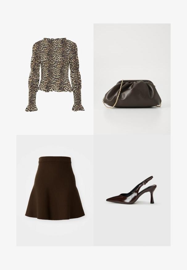 Bluse med leopardmønster, lange, puffede ærmer, smocket tekstur, flæser ved halsudskæringen og udvidede manchetter. Primært i brune og sorte farver.; Brun udvidet nederdel lavet af et blødt stof med en glat tekstur. Har en tætsiddende talje og et knælangt design, uden synlige mønstre.; Brune patenterede læderslingback-sandaletter med spids tå, en tynd hæl og justerbar rem med en lille spænde.; Brun læderhandtaske med en sammensnøring, guld kædestrop og blød, struktureret overflade. Kompakt form velegnet til aftensbrug.