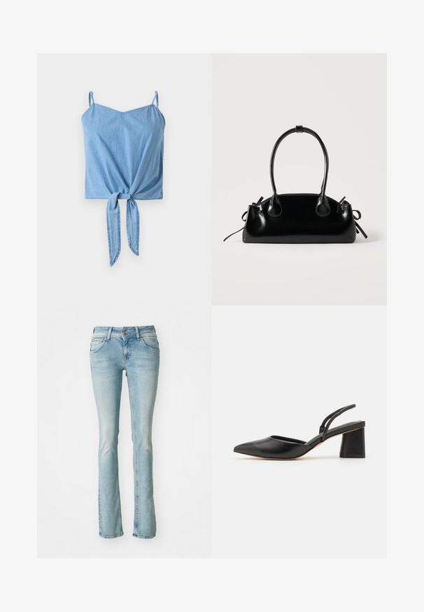 Svetlomodrá denimová crop top s tenkými nastaviteľnými ramienkami, detailom skrúteného uzla vpredu a hladkou textúrou.; Svetlo modré džínsy, strih bootcut, päť vreciek, s vyblednutými detailmi, so zipsom a gombíkom, s jemným prešívaním, stredný pás.; Čierna kožená topánka na pätu so špičatou špičkou, nízkym blokovým podpätkom a minimalistickým dizajnom s tenkými remienkami a hladkou textúrou.; Malá čierna lesklá kabelka s dvoma dlhými rúčkami a bočnými šnúrkovými detailmi na jednoduchom svetlom pozadí.