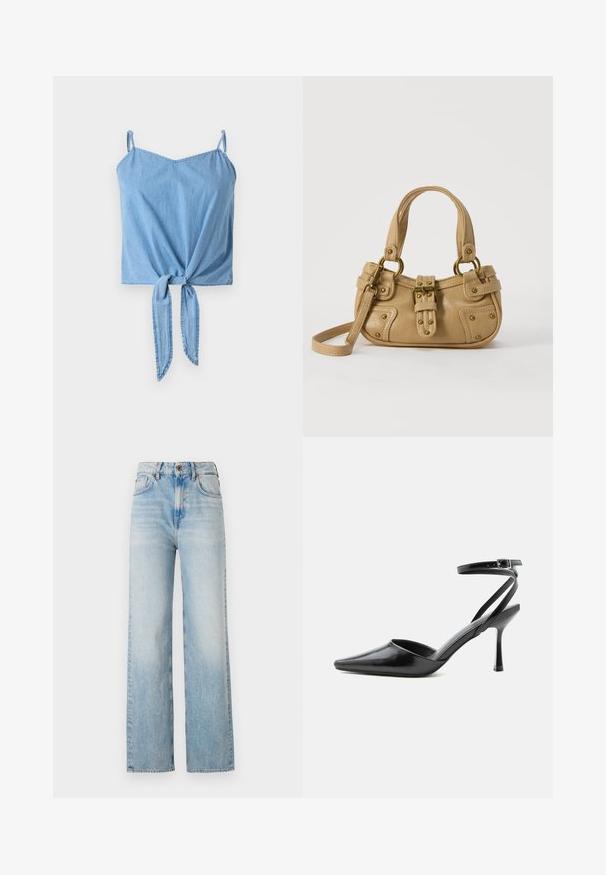 Top corto de mezclilla azul claro con tirantes delgados ajustables, detalle de nudo retorcido en la parte delantera y textura suave.; Jeans de pierna ancha de color azul claro, elaborados en denim, con una cintura alta, ligero desvanecimiento y un diseño tradicional de cinco bolsillos con costuras en contraste.; Zapato de tacón alto negro de punta fina con delgadas correas en el tobillo y cierre de hebilla plateada sobre un fondo liso claro.; Bolso de cuero beige con doble asa, hebilla y remaches de latón, y una correa de hombro ajustable sobre un fondo blanco.