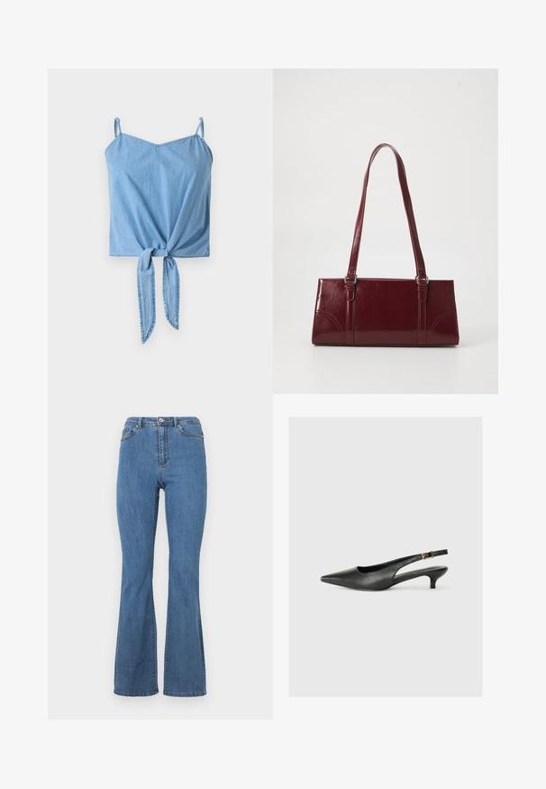 Svetlomodrá denimová crop top s tenkými nastaviteľnými ramienkami, detailom skrúteného uzla vpredu a hladkou textúrou.; Modré rozšírené džínsy z denimu, s vysokým pásom, kontrastným prešívaním a jediným gombíkom na zapínanie vpredu.; Čierne body topánky s otvorenou pätou vyrobené z hladkej kože. Zobrazuje tenké opätky a ozdobný detail s prackou na nastaviteľnom popruhu.; Bordová kabelka vyrobená z lesklého materiálu, obdĺžnikový tvar, s dvoma ramennými popruhmi a jemnými zakrivenými akcentmi na prednej strane.