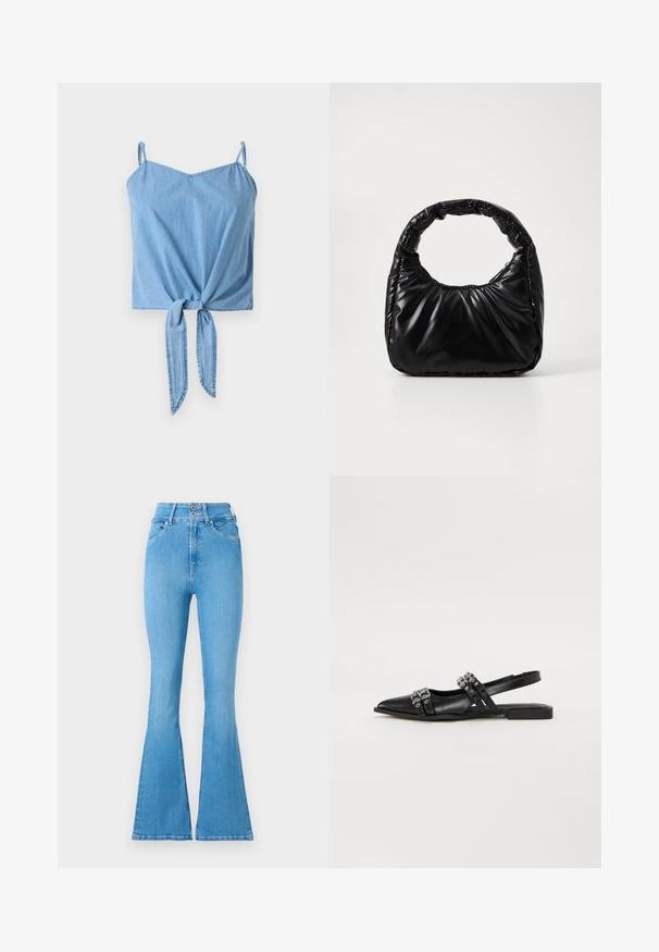 Heled sinine denimist crop top õhukeste reguleeritavate rihmadega, keeratud esiknoti detailiga ja siledast tekstuurist.; Heledad sinised flared teksad kõrge vöökohtaga, omavad topelt-nööbistust ja peeneid õmblusdetailide. Ühtlane tekstuur kogu ulatuses.; Even&Odd by Zalando Kannarihmaga baleriinad - black; Must mustaga, millel on ümar käepide, särav ja sile pind ning pehme quiltitud tekstuur. Nähtavaid metallosi ega aktsente ei ole.
