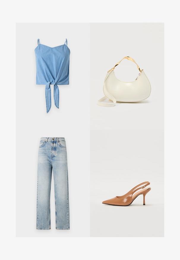Svetlomodrá denimová crop top s tenkými nastaviteľnými ramienkami, detailom skrúteného uzla vpredu a hladkou textúrou.; Svetlomodré džínsy s rovnými nohavicami, vyrobené z denimu. Obsahujú päť vreciek, zapínanie na gombíky a jemné vyblednutie po celom povrchu.; Sandal s úzkym podpätkom a špicatou špičkou v hladkej lesklej hnedej materiáli. Obsahuje zakrivený výrez a štíhly ihlový podpätok. Strieborný prackový detail.; Krémová kabelka v tvare polmesiaca s lesklým zlatým krátkym rúčikom a zodpovedajúcim dlhým remienkom na jednoduchom svetlom pozadí.