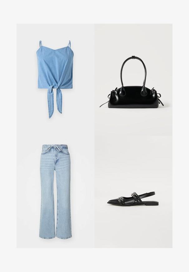Lys blå denim crop top med tynde justerbare stropper, en tvistet frontknude-detalje og en glat overflade.; Lys blå denimjeans med bred benlængde, høj talje og snørelukning. Har en tekstureret overflade og rå kant.; Even&Odd by Zalando Slingback-ballerinasko - black; Lille sort blank håndtaske med to lange håndtag og snøre-detaljer i siden på en ensfarvet lys baggrund.
