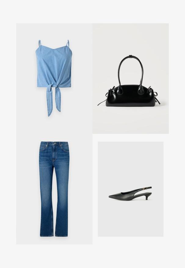 Top court en denim bleu clair avec de fines bretelles réglables, un détail de nœud torsadé à l'avant et une texture lisse.; Jeans en denim bleu évasés avec un design à cinq poches, braguette zippée et texture délavée. Comprend des accents de couture et une taille standard.; Chaussure slingback noire à bout pointu en cuir lisse. Présente un talon fin et un détail de boucle sur la sangle réglable.; Petit sac à main noir brillant avec deux longues anses et des détails à cordon sur les côtés sur un fond clair uni.