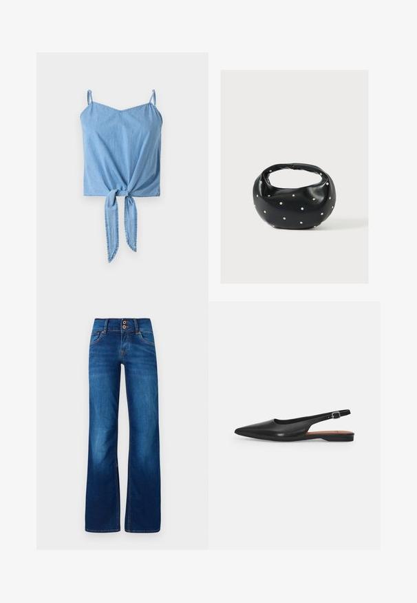 Top corto de mezclilla azul claro con tirantes delgados ajustables, detalle de nudo retorcido en la parte delantera y textura suave.; Jeans de pernera ancha en denim azul, con dos botones frontales, costuras naranjas y una textura suave. Diseño clásico de cinco bolsillos.; Zapato de cuero negro tipo slingback con punta afilada, ligero brillo y correa ajustable en el tobillo. Tacón plano con plantilla marrón.; Bolso de mano de cuero negro con forma redondeada, decorado con detalles de tachuelas plateadas y un asa corta. Textura lisa y cierre con cremallera.